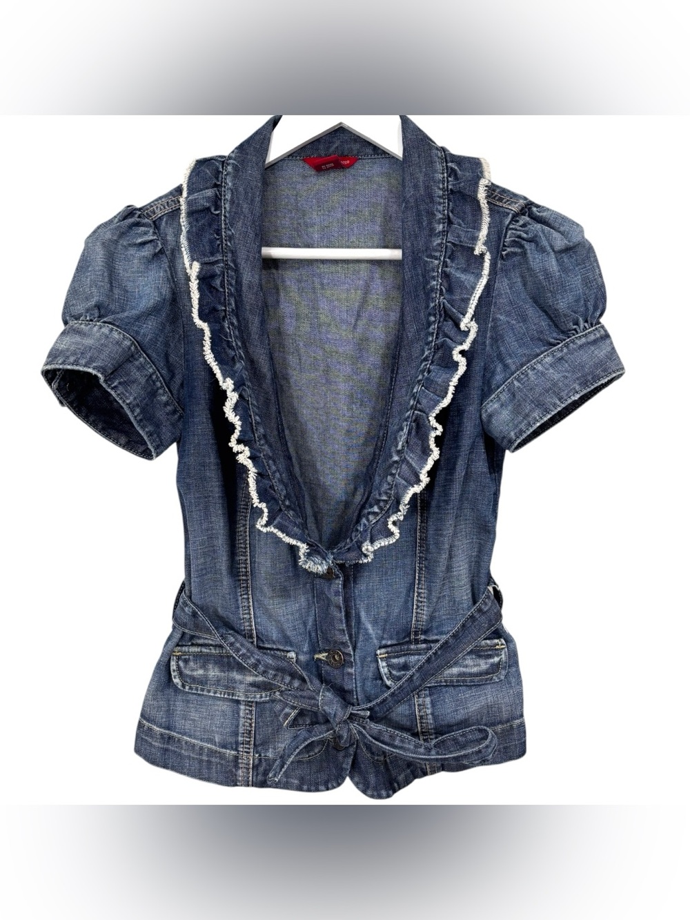 Guess Y2K Button Up Deep Ruffle Neckline Denim Top Short Sleeve Size Medium